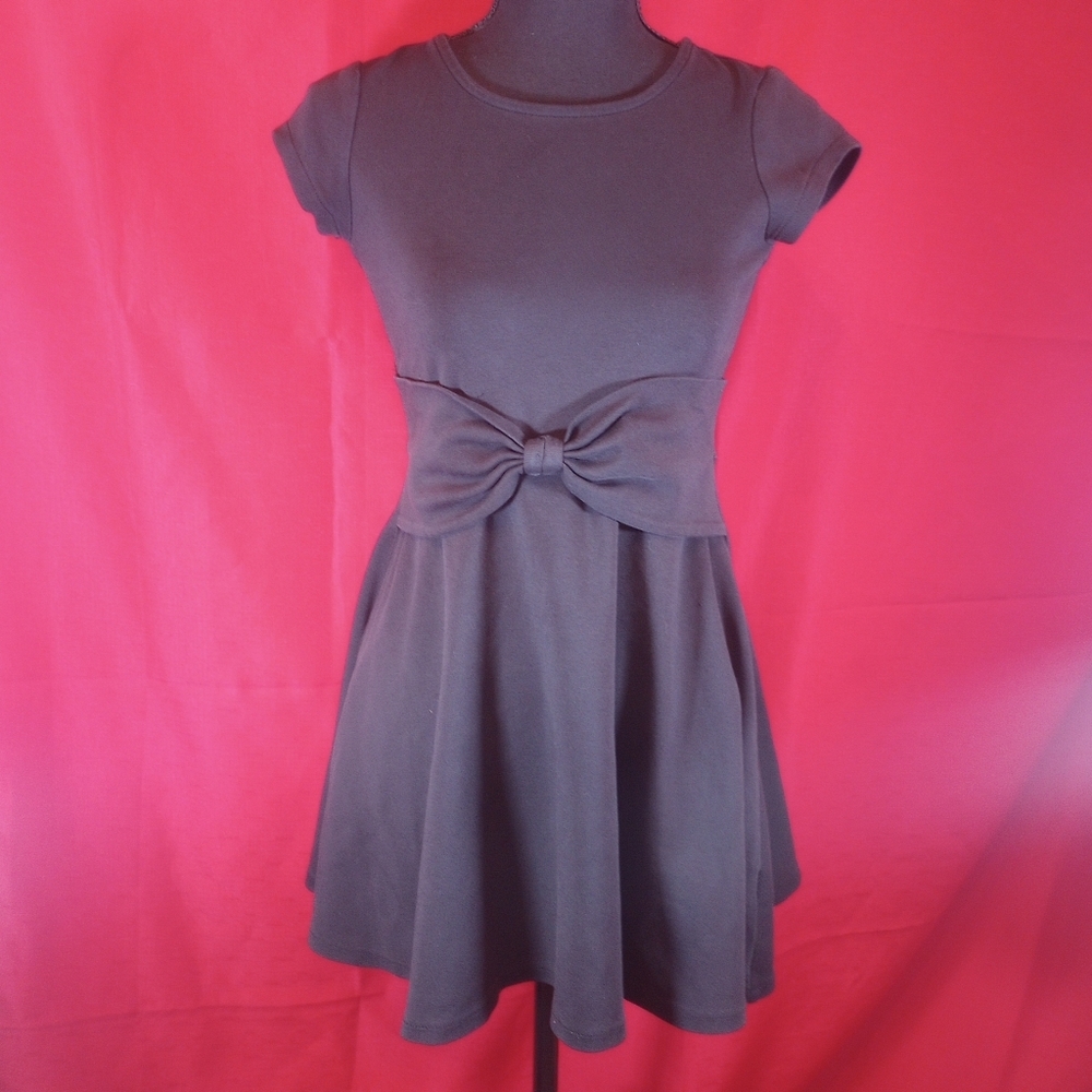 SKU 5W Black Short Sleeve Place Dress with Elegant Bow Waisted Dress